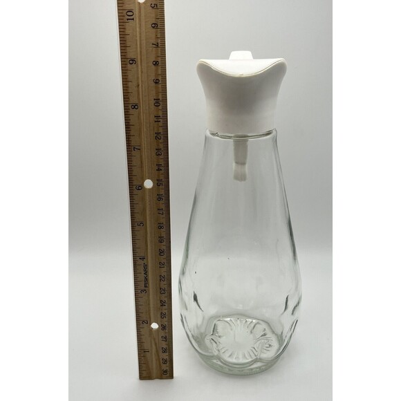 Vintage 1970’s Log Cabin Clear Glass Maple Syrup Dispenser/Pitcher W/ White Lid - Picture 2 of 6